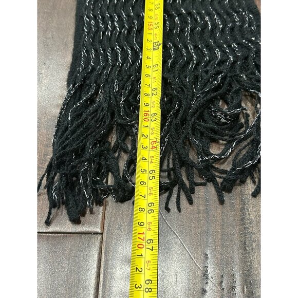 Black Silver Metallic Fringe Trim Scarf One Size Neck Wrap Shawl Acrylic Cozy - Picture 5 of 8